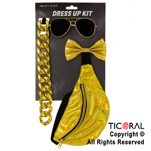 SET DISFRAZ METALIZADO ORO CON ANTEOJOS, MOO, COLLAR Y BOLSITO RIONERA